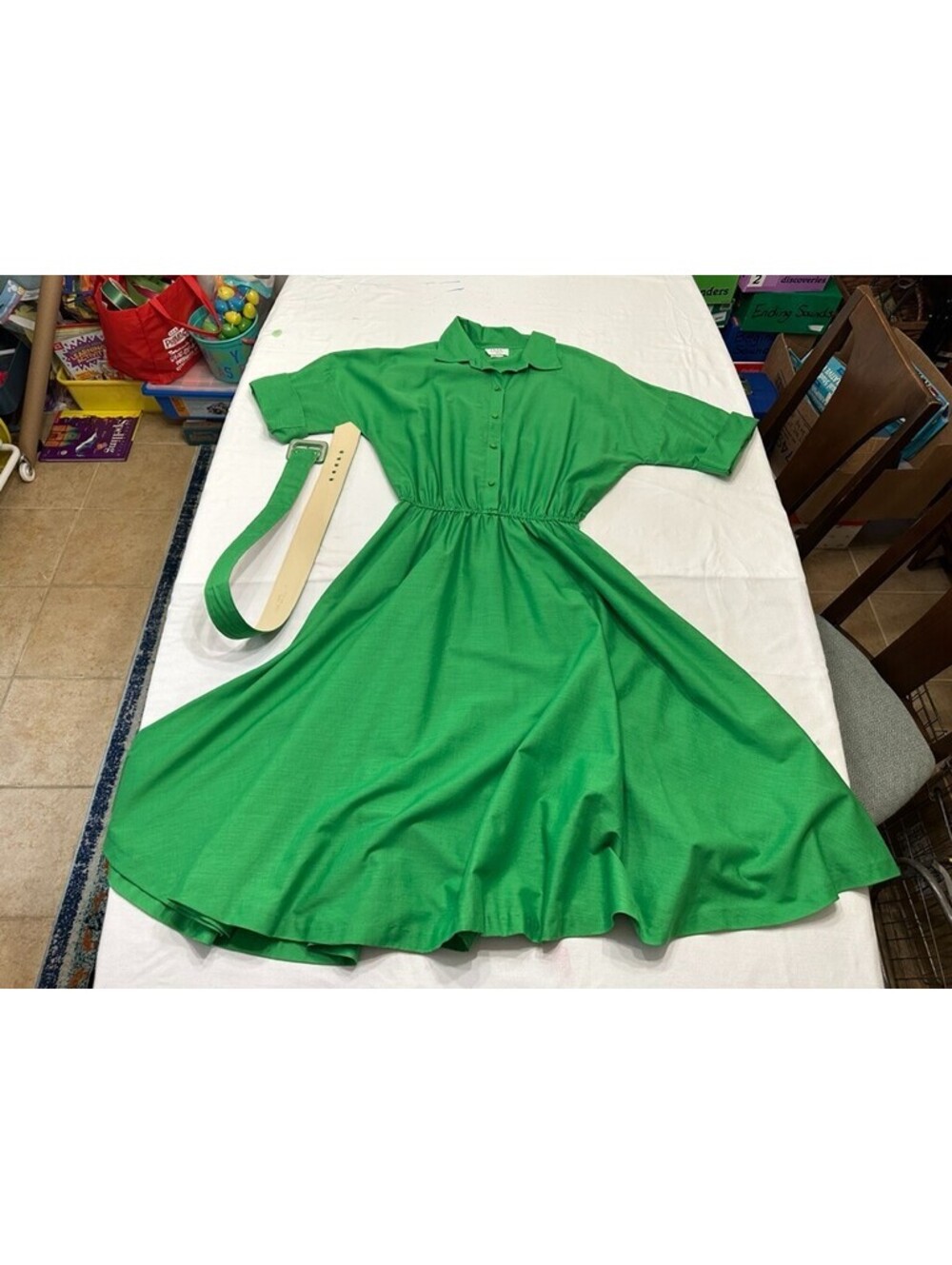 Vintage 70's Green Solid Dress Collard ema dallas Sze 20 Astor belt